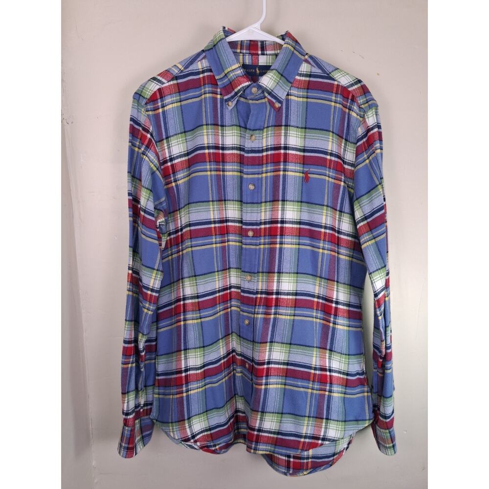 Ralph Lauren Shirt Men Medium Blue Plaid Flannel Long Sleeve Button Down Pony